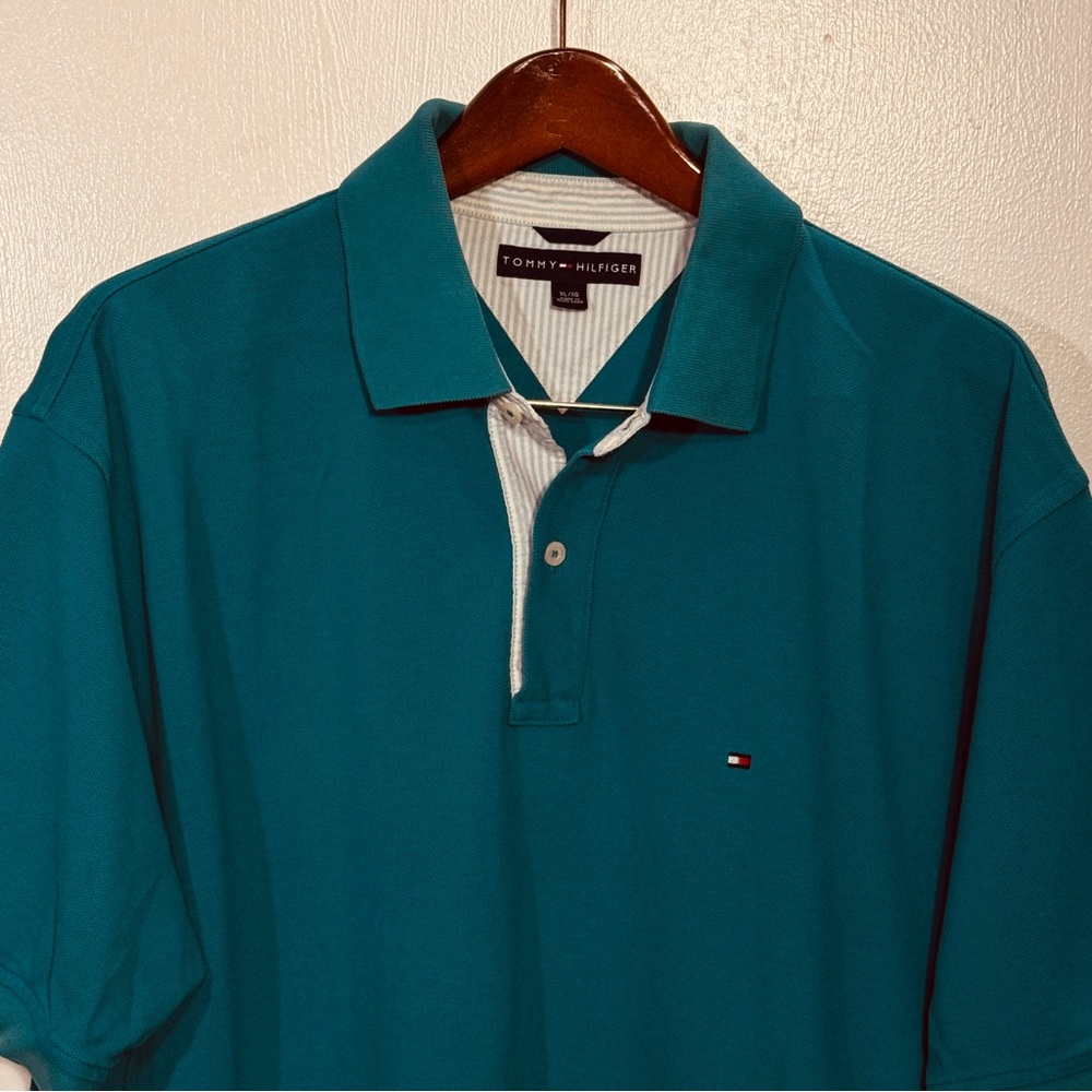Y2K Vintage Tommy Hilfiger Men's Teal Blue Green Polo Seersucker Trim Flag Logo